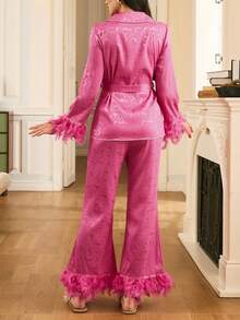 Moireta Elegant Mature Charm Vintage Frayed Decor Mandarin Collar Flare Pants Jacquard Solid Color Women Pajama Set, Suitable For Valentine's Day - Hot Pink - View 2