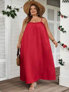 SHEIN CURVE+ Đầm hai dây cỡ lớn, màu trơn, xếp ly, thích hợp cho tiệc sinh nhật, lễ tốt nghiệp, trang phục học sinh, mặc hàng ngày, đi nghỉ mát. - Đỏ - Xem 6