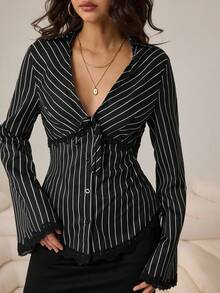 Black Vertical Stripe Contrast Lace V-Neck Tie Waist Sexy Blouse For Date - Black - View 8