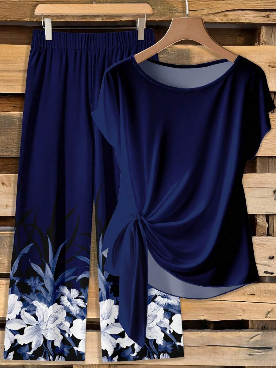 Rusticease Casual Vacation Style Blue Tie Bow Loose Blouse Paired With Navy Blue Base White Floral Print Straight Loose Pants 2-Piece Set, Suitable For Spring/Summer, Exclusive Spring - Multicolor - View 1