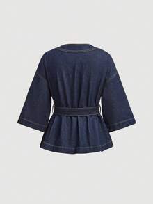 Maija Women's Dark Blue Denim Jacket 3/4 Sleeve Shirt With Belt Spring Elegant Women's Wear - Dark Wash - View 3