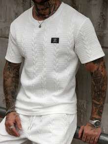 EGENSIO Men's Casual Summer Vacation & Commute Letter Textured Fabric Short Sleeve White T-Shirt - White - View 1