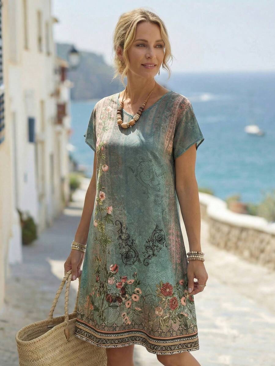 EMERY ROSE Women's Summer Short-Sleeved Dress With Geometric Pattern Print