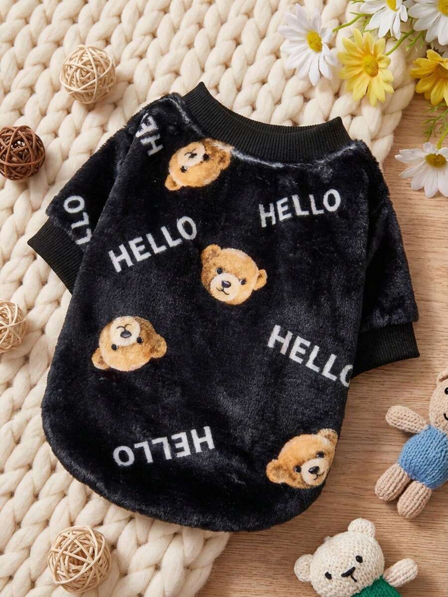 PETSIN 1 Printed Brown Bear Letter Flannel Sweatshirt, Thick And Warm For Pets In Autumn And Winter, Black