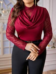 SHEIN Privé 大码女式撞色蕾丝垂褶领长袖修身优雅衬衫 - 紅色 - 查看 1