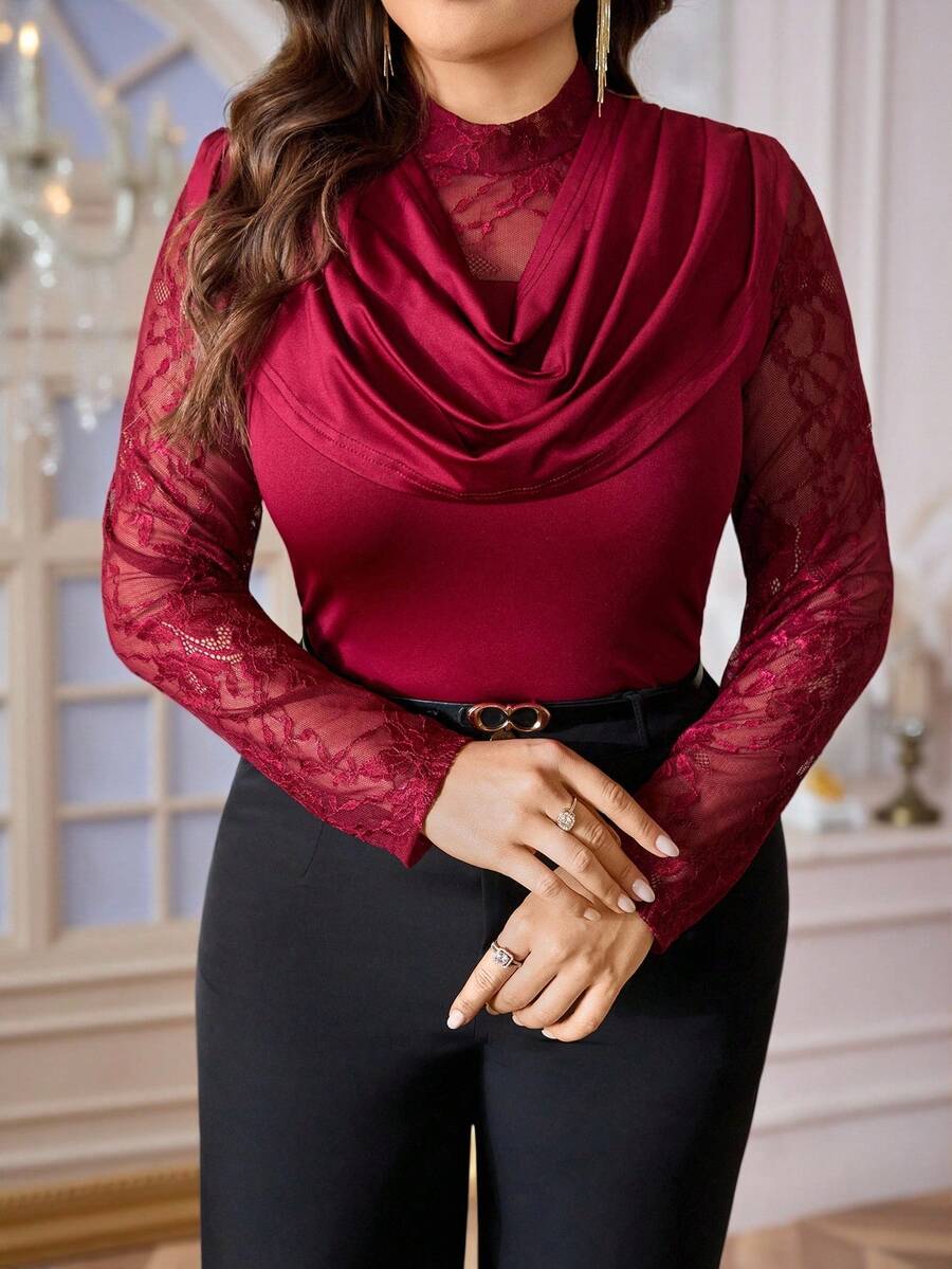 SHEIN Privé 大码女式撞色蕾丝垂褶领长袖修身优雅衬衫 - 紅色 - 查看 1