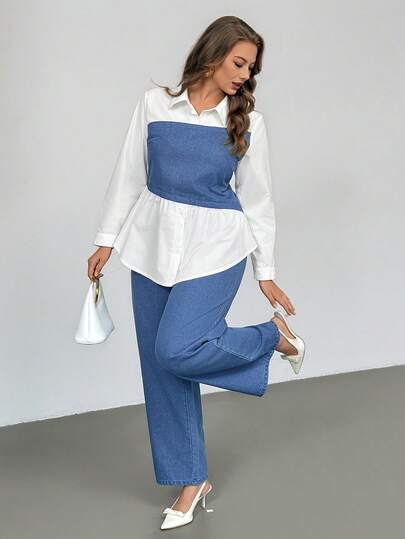 Auralis Conjunto de 2 piezas talla grande para mujer: camisa vaquera de manga larga y pantalón vaquero de pierna ancha, casual de primavera a verano, disfraz de San Valentín, carnaval, viaje, graduación, elegante, estilo Y2K, fiesta, boda, casual de negocios. Blusa vaquera de manga larga y pantalón vaquero de cintura alta y pierna ancha, elegante y estiloso para mujer.