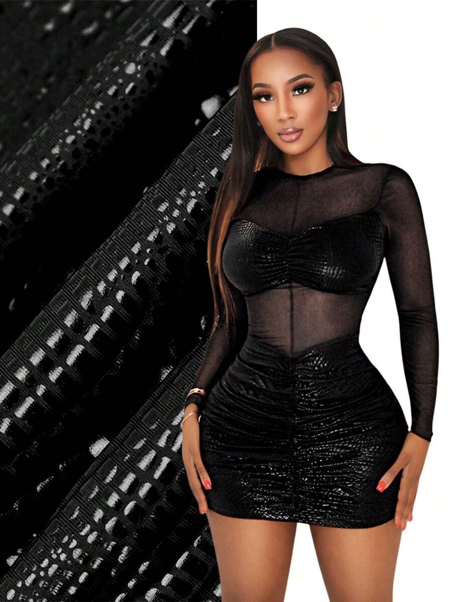 BamGleam Crew Neck Sheer Long Sleeve Patchwork Hollow Out Bodycon Ruched Mini Dress, Sexy Club Style - Black - View 1