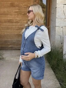 SHEIN Pregnant Women's Button Casual Versatile Daily Wear Denim Bib Shorts Valentine's Day Vacation Outfits Women Carnaval Summer Spring Commuting Graduation Chic Y2k Cute Streetwear Party Wedding Elegant Business Casual Woman