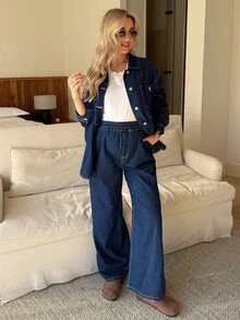 MaterniWear 2pcs Maternity Casual Denim Shirt And Pants Set Valentine's Day Vacation Outfits Women Carnaval Summer Spring Commuting Graduation Chic Y2k Cute Streetwear Party Wedding Elegant Business Casual Woman - Blue - View 4