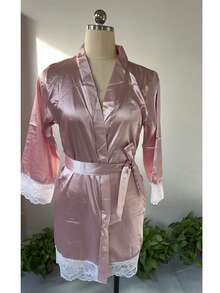 拼接蕾丝边饰优雅腰带长袍 - 粉色 - 查看 11