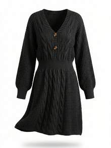 GlowEve CURVE 加大码V领灯笼袖A字加厚抽绳针织毛衣连衣裙，纯色，冬季 - 黑色 - 查看 7