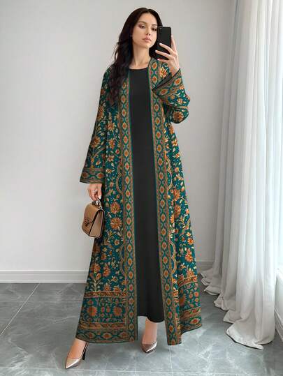 SHEIN Najma 女士花卉数码印花波普艺术风格长袖休闲阿拉伯长袍开衫外套，春秋季