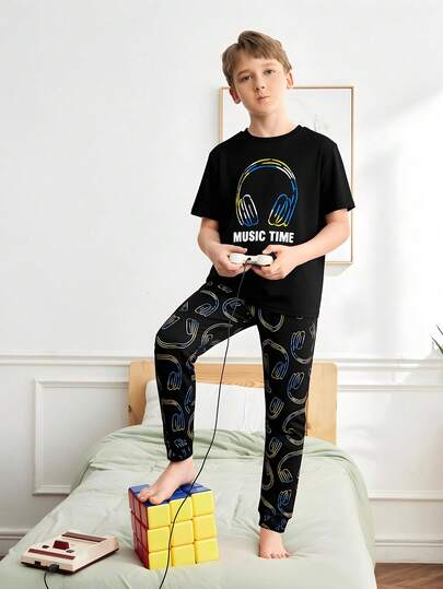 2pcs/Set Tween BoysMicrophone Graphic Print Round Neck Short Sleeve Top And Microphone Pattern Printed Pants Casual Home Outfit, Soft And Comfortable Fabric, Suitable For Leisure And Family Interaction Boys Lounge Set