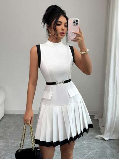 Elenzga 女士梭织面料高领撞色无袖收腰A字连衣裙，带口袋，优雅时尚商务休闲复古风春夏装扮