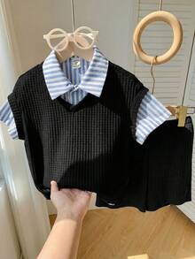 SHEIN 男童休闲校服三件套，包括背心、条纹衬衫和短裤，适合生日派对、晚宴、演出、婚礼、学校活动、洗礼、迎婴派对以及春夏秋季穿着。 - 黑色 - 查看 3