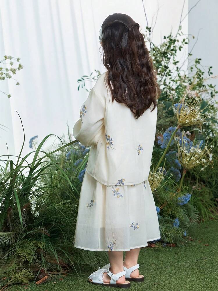 2pcs/Set Young Girls Floral Embroidery Korean Style Solid Color Long Sleeve Shirt And Mini Skirt