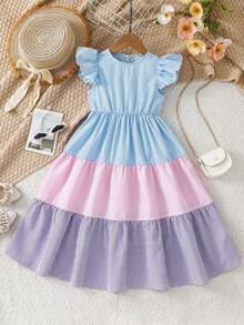 SHEIN Young Girl Woven Striped Contrast Color Round Neck Ruffle Hem Casual Dress - Multicolor - View 6