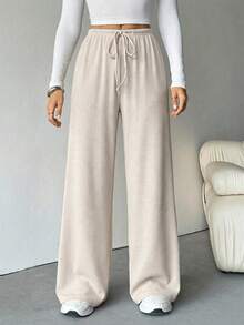 SHEIN Tall Women's Ribbed Brushed Wide Leg Pants, Suitable For Autumn/Winter - Beige - View 3