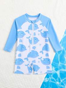 SHEIN 1 pieza Traje de baño de una pieza con manga larga y estampado de tiburón para niñas, diseño lindo, protección solar, verano - Celeste - Ver 3