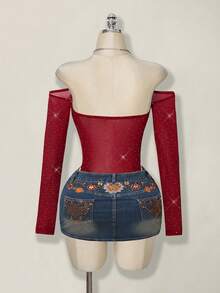 SHEIN ICON Women's Fashionable Sexy Off-Shoulder Long Sleeve Bodysuit - Burgundy - View 10