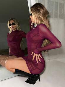 SHEIN ICON 时尚性感透视网纱褶皱紧身迷你连衣裙 - 中紫紅色 - 查看 2