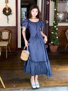 DAZY 女士圆脸牛仔衬衫+荷叶边半裙两件套，韩版休闲风 - 藍色 - 查看 6