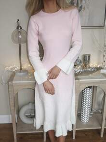 Sydney Algeri Women's Autumn/Winter New Round Neck Ombre Unique Design Ruffle Hem & Cuff Fashionable Elegant Elegant Date Casual Fitted Knit Midi Sweater Dress - Pink - View 3