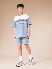 SUMWON 男童设计国际印花短袖T恤和运动短裤套装休闲夏季穿着圆领松紧腰度假装 - 綠色 - 查看 1