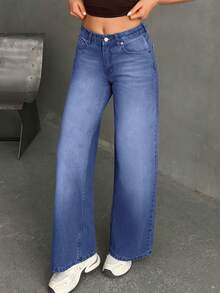 EURMUSE WOMEN WIDE LEG MID WAIST JEANS - Dusty Blue - View 6