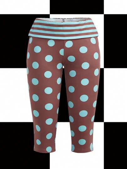 Y2Kool Annarte Mint Blue & Brown Contrast Striped Polka Dot Y2K Women's Cropped Leggings, Suitable For Spring/Summer Parties, Holidays, Workouts, Yoga, And Everyday Wear