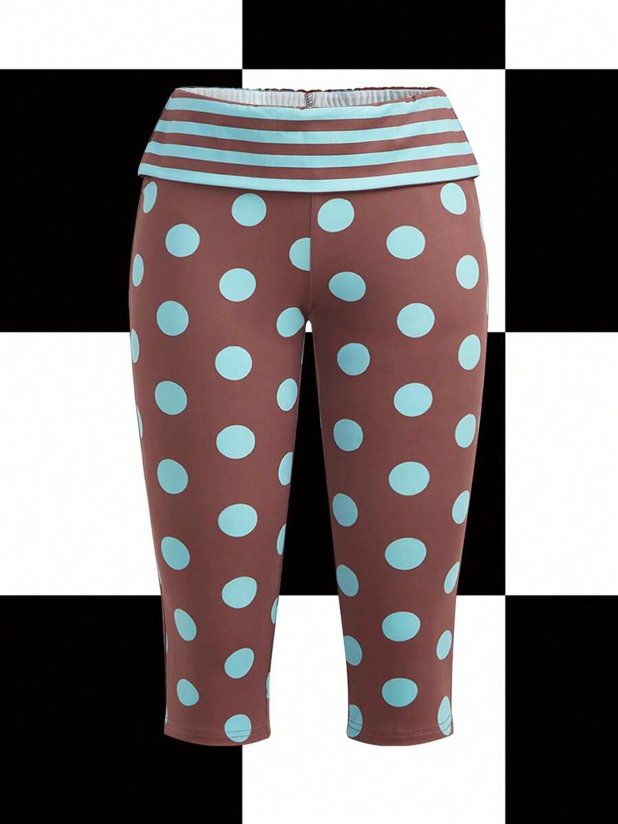 Y2Kool Annarte Leggings cortos de mujer a rayas con puntos en contraste azul menta y marrón, adecuados para fiestas de primavera/verano, vacaciones, entrenamientos, yoga y uso diario - Multicolor - Ver 1