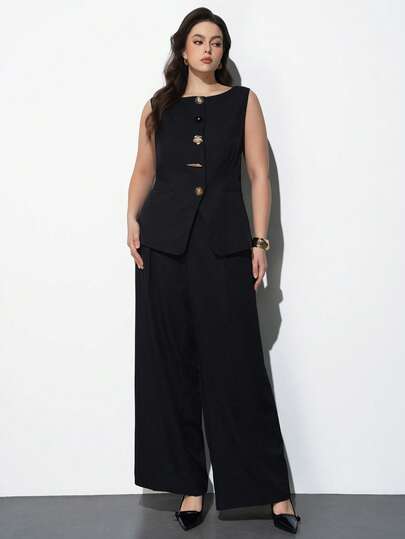 Maija Plus Size Black Suit Set, Round Neck Vest Design, Elegant And Charming, Versatile Outerwear, Retro Style, Romantic, Fashionable, Comfortable, Stylish, Casual, Essential Item, Solid Color, Holiday Casual, Appropriate, Single Lady, Elegant And Fashionable Business Casual Outerwear, Business Casual Curvy Romantic Date Outfit