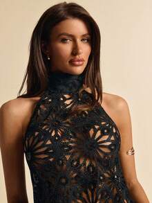 SHEIN BAE Black Sheer Lace Halter Backless Elegant Top, Black Lace Tank Top, Spring/Summer - Black - View 7