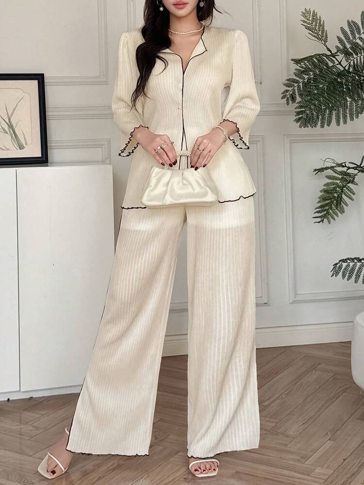 Spring & Summer Striped Decor Casual Vacation Beach Loose Top And Straight Pants Set, Elegant Commuting Old Money Style For Women Lounge Sets For Women