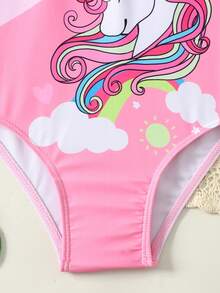 小女孩可爱花朵荷叶边阳光彩虹小马印花连体泳衣，休闲沙滩度假泳装，拍照服