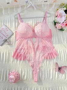 PetitDoll Plus Size Sexy & Sweet Lace Trim Mesh Jumpsuit - Pink - View 1