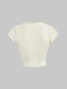 ROMWE Cute Retro Strawberry Embroidery Knit Cropped Top, Midriff-Baring Short Sleeve Sweater With Youthful Vibe, Versatile Knit Cardigan - Beige - View 2