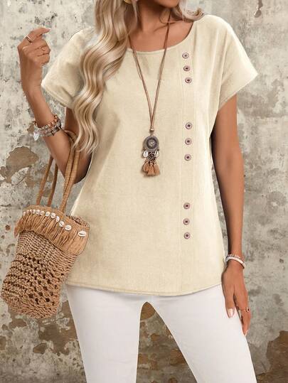 EMERY ROSE Button Detail Round Neck Batwing Sleeve Casual Shirt Women's Summer Cotton Blouses