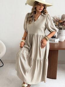 Ceyna Vestido corto de manga corta con cuello en V, estilo casual, a rayas y lunares, vestido de picnic para mujer, ropa de resort, vestido casual de verano a rayas y midi, vestido de verano estilo prairie, vestidos de verano para mujer, vestido con volantes, vestido casual con cuello en V para mujer - Caqui - Ver 8