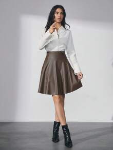 EURMUSE Women Solid Color PU Leather Mini Skirt - Chocolate Brown - View 4