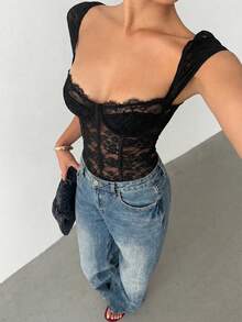 Aloruh 女士时尚法式性感蕾丝连体衣 - 黑色 - 查看 5