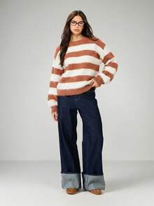 MISSGUIDED 舒适条纹超大针织毛衣冬季秋季休闲圆领保暖毛绒长袖套头衫厚实宽松针织衫 - 棕色 - 查看 3