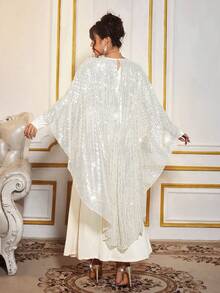 Cravure 大码女式亮片腰身美人鱼长裙，长袖纯色长裙；大码女式闪亮披肩优雅正式礼服，适合舞会、婚礼宾客、生日、毕业典礼、节日派对等场合 - 杏色 - 查看 2