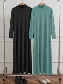 Al Najma Women's Conservative Turtleneck Knit Long Sleeve Undershirt & Abaya Dress Set,Modest Casual Arabian Essential Basic Under Abaya Inner Long Dress - Blue - View 1