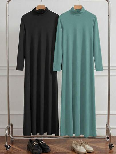 Al Najma Women's Conservative Black & White Turtleneck Knit Long Sleeve Undershirt & Abaya Dress Set, Modest Casual Tee Arabian Dresses, Under Abaya Inner Dress, Essential Basic Long Dress