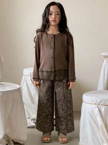 DAZY Girls (Small) Round Neck Lace Patchwork Long Sleeve Casual T-Shirt, Spring/Autumn - Coffee Brown - View 5