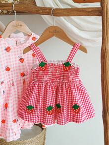 SHEIN Vintaside Kids Newborn Baby Girl Dress, Cute Resort Style Blue Plaid Floral Embroidery Cami Dress Design, Suitable For Spring/Summer Outings, Parties, Photoshoots, School, 1-9M - Red - View 4