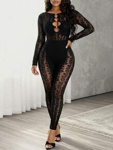 BamGleam Bộ jumpsuit dài tay ôm dáng, màu trơn, chất liệu ren, khoét lỗ, gợi cảm dành cho nữ, thích hợp cho các bữa tiệc năm mới, câu lạc bộ hoặc các dịp lễ hội. - màu đen - Xem 7