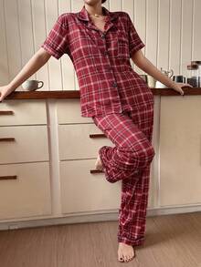 SHEIN Napfluff Cotton-Like Milk Silk Plaid Print Pattern Women Short Sleeve Pajama Set - Red - View 3